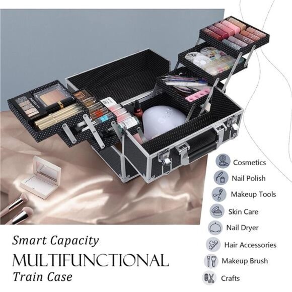 Makeup Train Case Large Cosmetic Box Makeup Organizer Case Extra Large 6 Trays - Picture 2 of 6